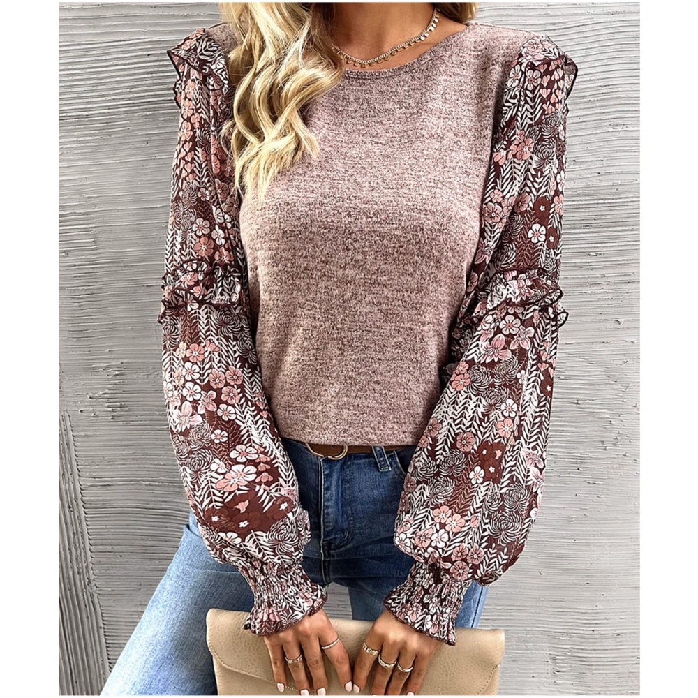 07 Boho Floral Print Ruffle Long sleeve Top - Picture 1 of 8